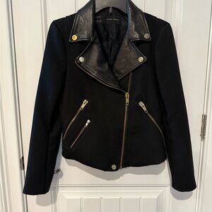 Zara Black Wool/Leather Jacket with Gold Zippers Sz Med $75